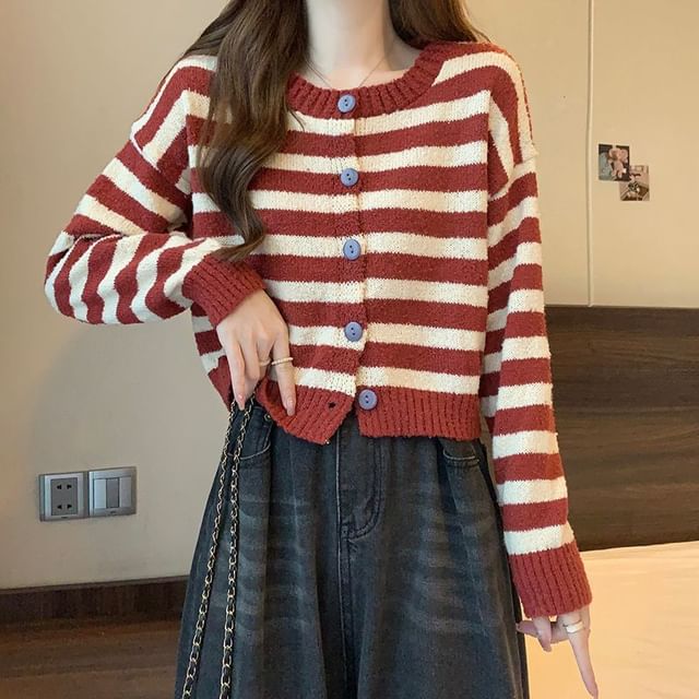 Sisyphi-Crewneck Striped Crop Cardigan