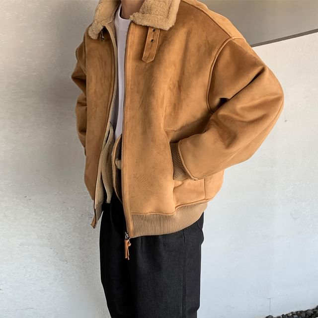 Okwano-Plain Fluffy Trim Faux Suede Zip Coat