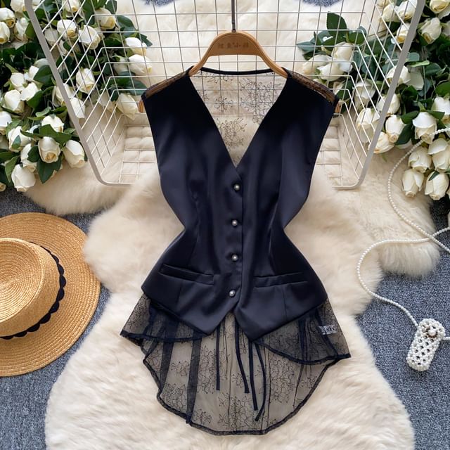 Lucuna-V-Neck Plain Lace Panel Button High Low Vest