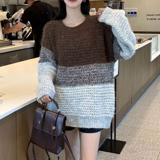Beem-Crew Neck Color Block Sweater