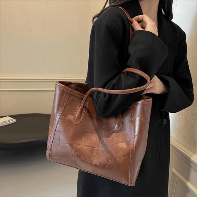 Indenis-Plain Faux Leather Tote Bag