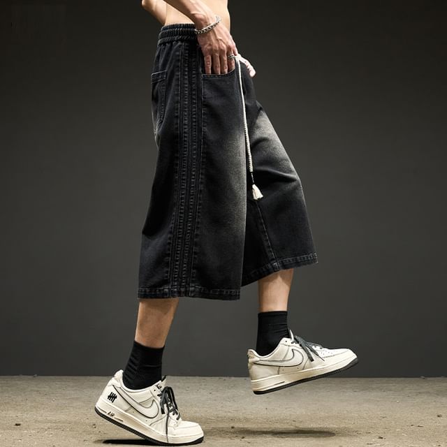 Redsinc-Drawstring Waist Washed Capri Wide Leg Jeans