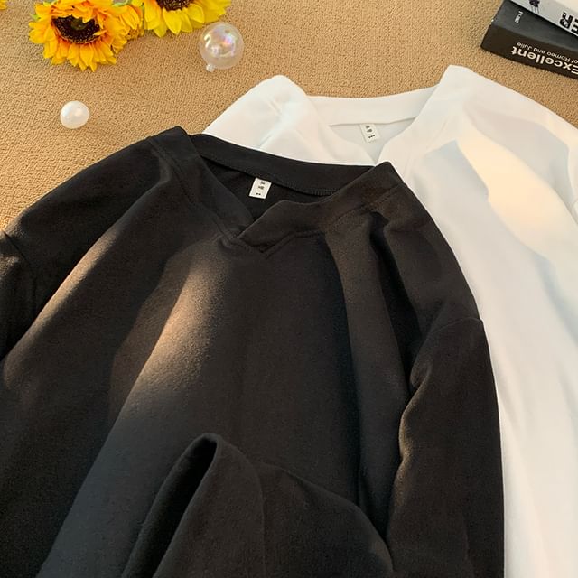 Plummie-Long Sleeve V-Neck Plain Oversized T-Shirt