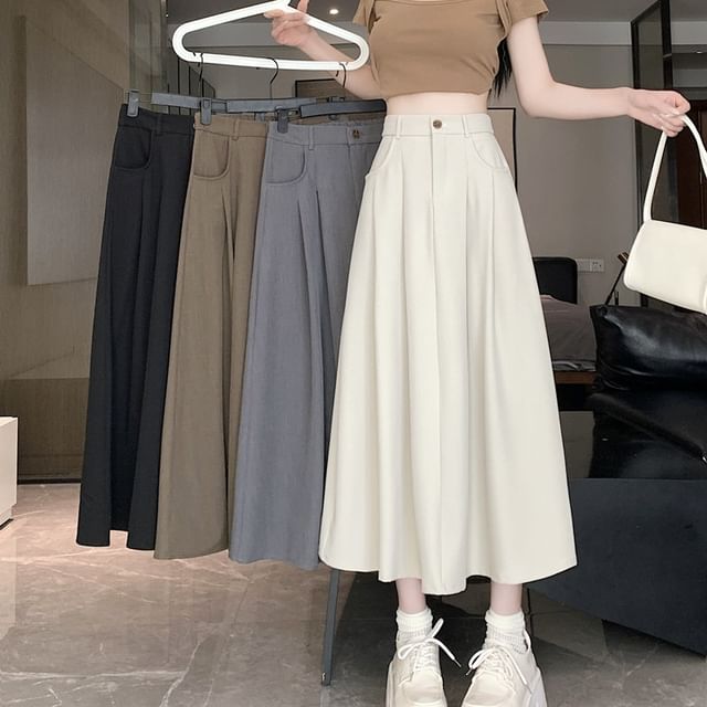 Yako-High Rise Plain Midi A-Line Skirt