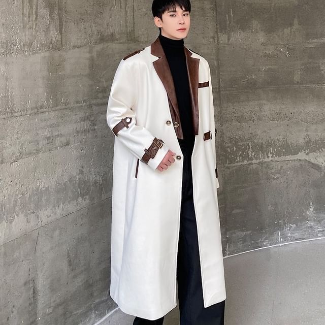 Freehop-Lapel Collar Two Tone Single Breasted Long Coat