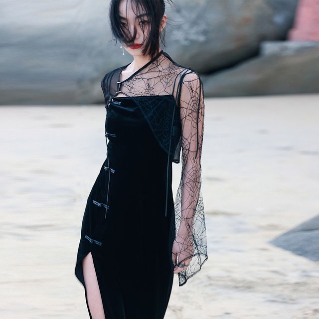 Nekomata - Long-Sleeve Asymmetrical Neck Plain Mesh Panel Midi Sheath Dress  | YesStyle