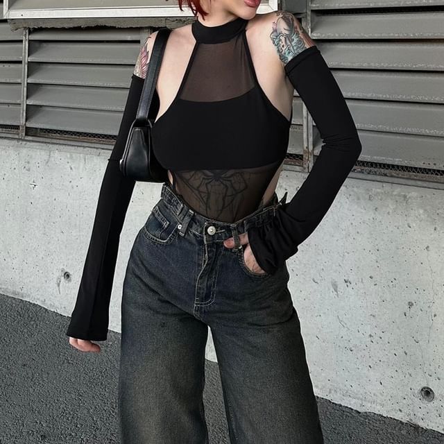 BrickBlack-Set Halter Plain Mesh Panel Bodysuit Top Arm Sleeves