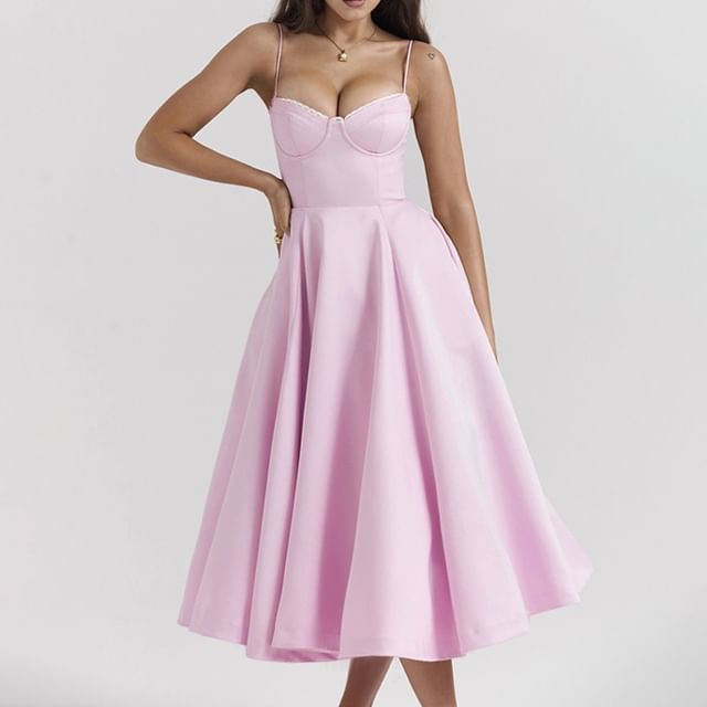 Femme Cradle - Spaghetti Strap Plain Midi A-Line Dress | YesStyle