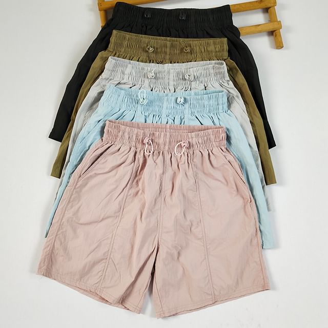 Runyz-Drawstring Waist Plain Wide Leg Cargo Shorts