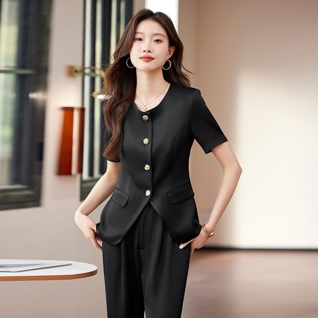 Skyheart-Short Sleeve Round Neck Plain Satin Button Jacket High Waist Wide Leg Pants Set