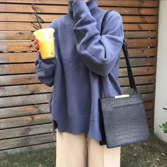 PINPI-Long-Sleeve Turtleneck Plain Sweater