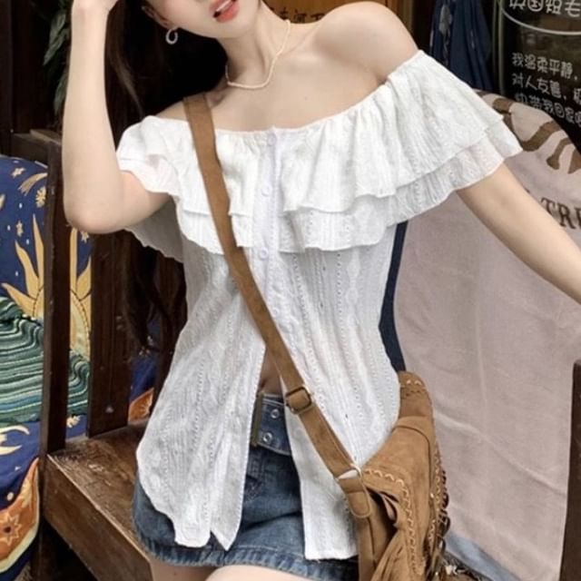 Yako-Ruffle Sleeve Off-Shoulder Jacquard Perforated Button-Up Blouse