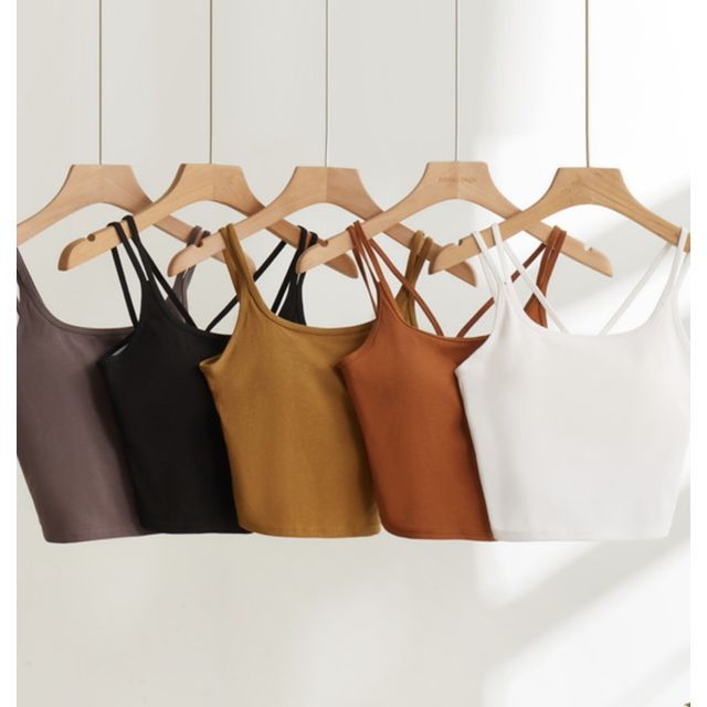 DIYI-Double Strap Plain Padded Open Back Crop Cami Top