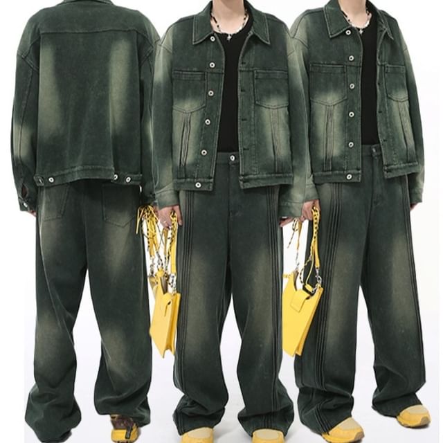 FAERIS-Couple Matching Collared Washed Denim Button Jacket Mid Rise Washed Baggy Jeans