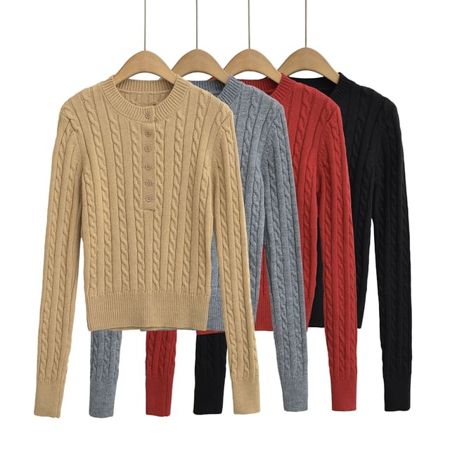 Ulark-Round Neck Plain Cable Knit Cropped Sweater