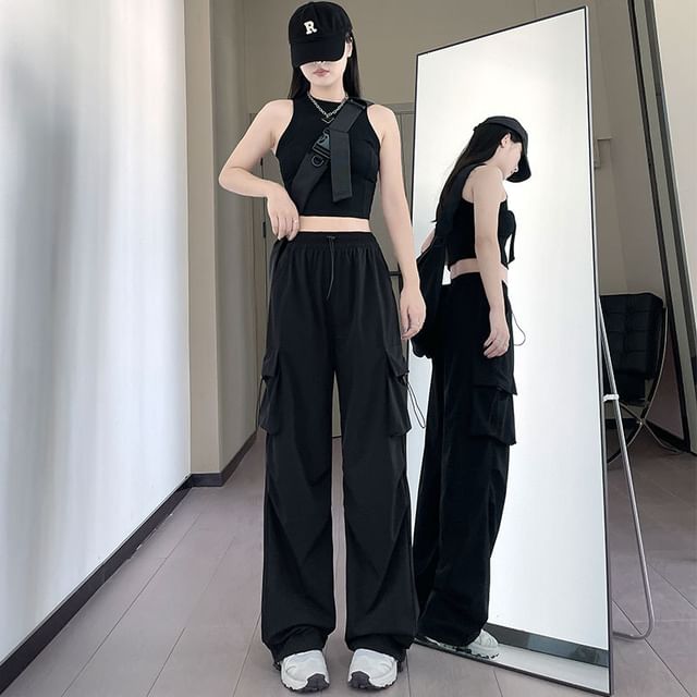 Dovitade-High Waist Plain Wide Leg Cargo Pants