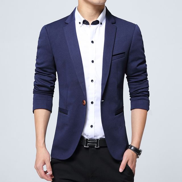YIKES-Lapel Collar Plain One-Buttoned Blazer