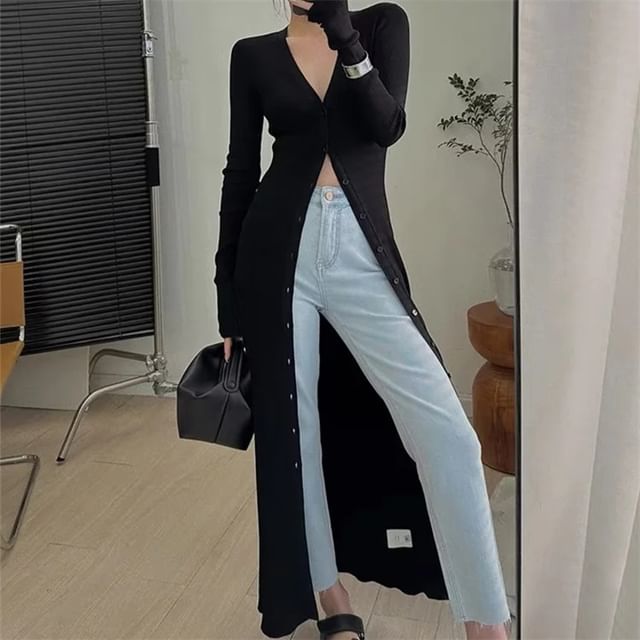 Asiris-Button-Up Plain Long Cardigan