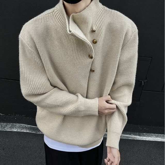 Kimeya-Long-Sleeve High Neck Plain Ribbed Button-Up Sweater