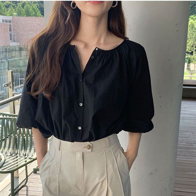 Janigidle ElbowSleeve Plain Blouse YesStyle