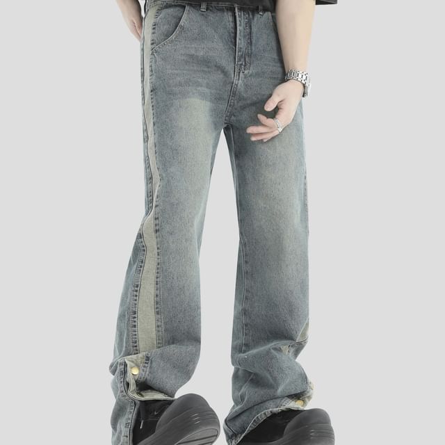 INStudio-Mid Rise Washed Panel Button Slit Straight Leg Jeans