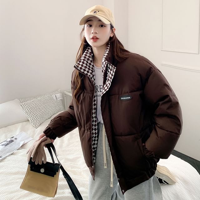 Acoustic Rain-Stand Collar Checkerboard Panel Padded Zip Jacket