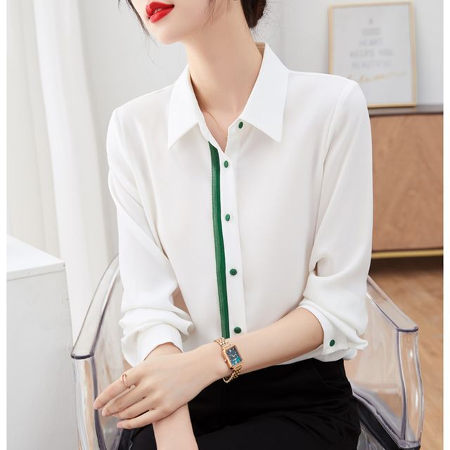 Everose-Long-Sleeve Contrast Trim Button-Up Shirt