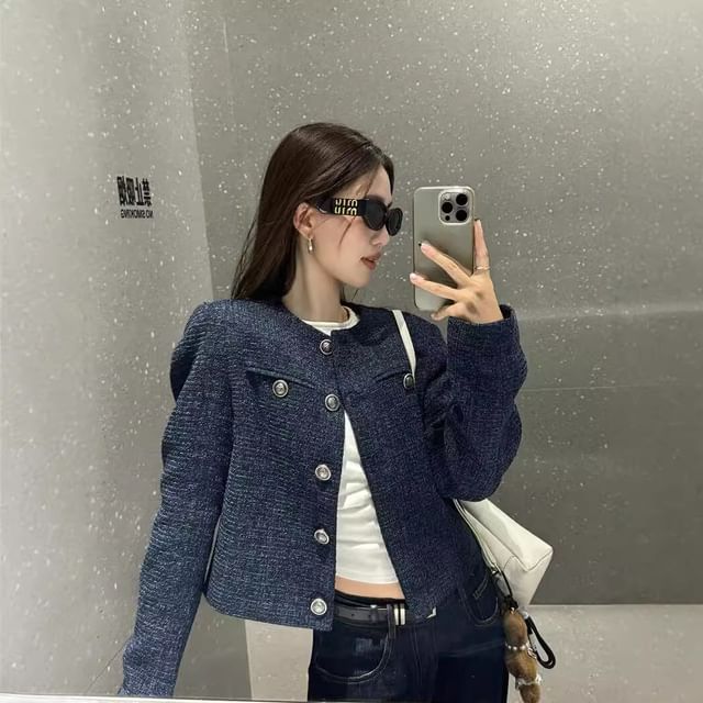 Jeonseon-Round Neck Tweed Button Up Cropped Jacket
