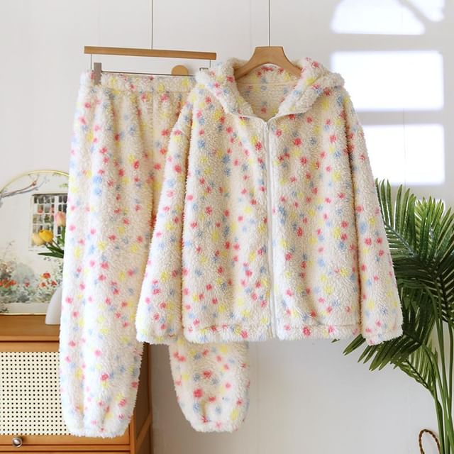 Dazzli-Pajama Set Dotted Fleece Zip-Up Jacket Pants