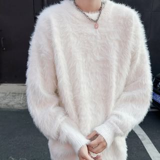 Hushgrain-Round Neck Plain Fluffy Sweater