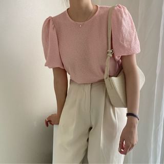 Bigfol-Puff-Sleeve Round Neck Plain Tee