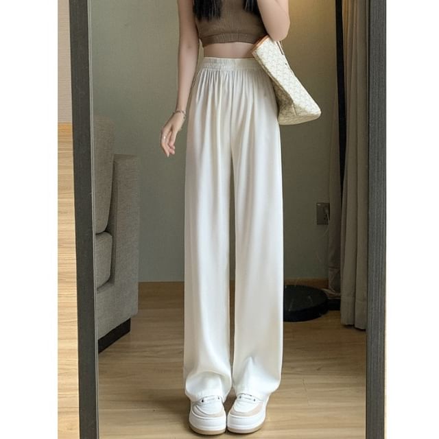 Dovitade-Elastic Waist Plain Wide Leg Pants