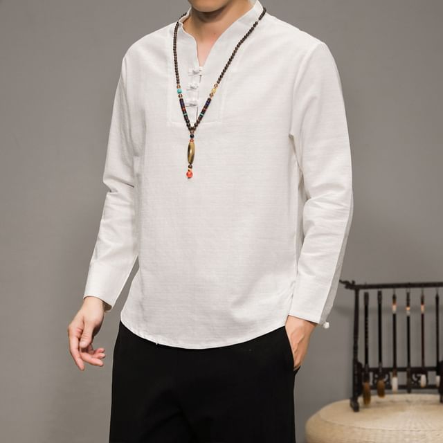 Ninine-Long-Sleeve V-Neck Plain Frog Button T-Shirt
