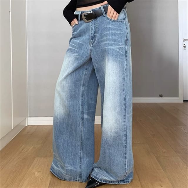 Asiris-Low Rise Washed Wide Leg Jeans
