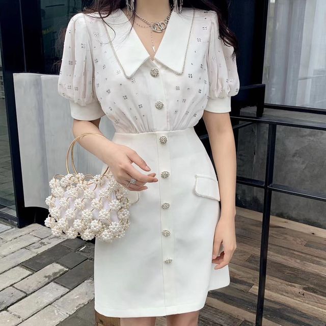 Alberlino - Puff-Sleeve Wide-Collar Embellished Mini Shift Dress | YesStyle