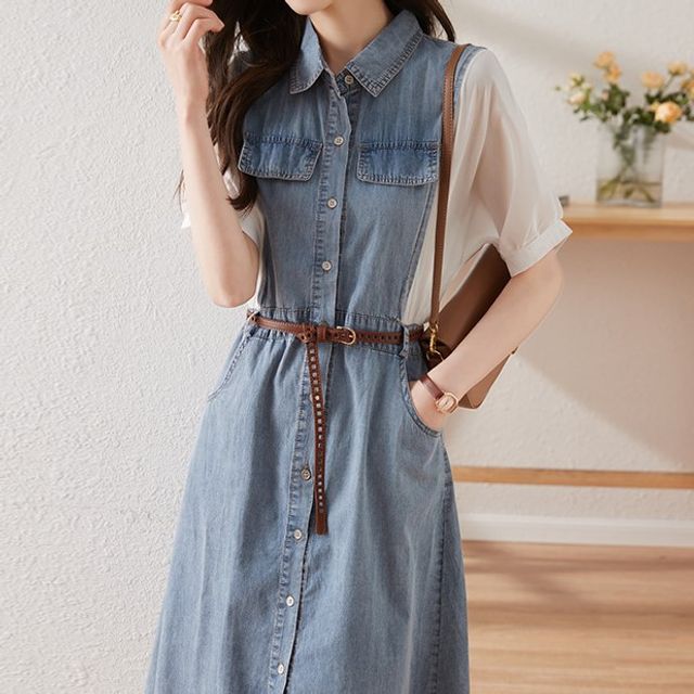 Daybreak - Set: Short-Sleeve Two Tone Denim Shirt Dress + Belt | YesStyle Daybreak - Set: Short-Sleeve Two Tone Denim Shirt Dress + Belt | YesStyle