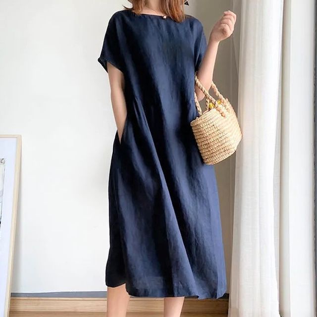 Siears - Short-Sleeve Crew Neck Plain Slant Pocket Midi A-Line Dress |  YesStyle