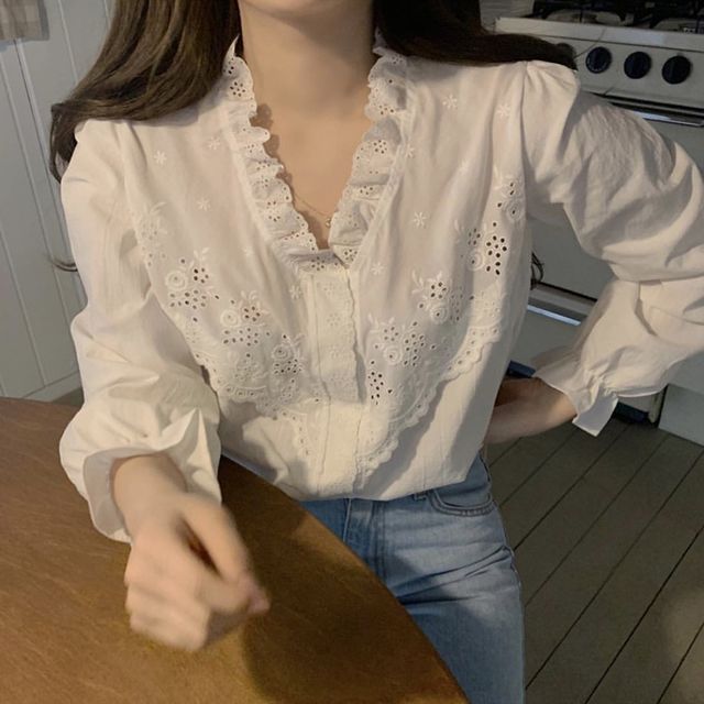 Long-Sleeve Frill Trim Eyelet Lace V 