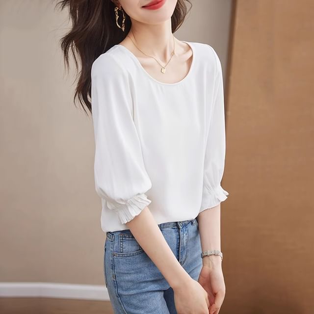 Dragan Pulse-Elbow Sleeve Round Neck Plain Blouse
