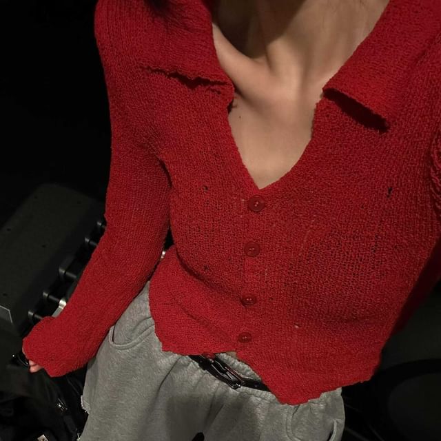 monroll-Collar Plain Distressed Cardigan