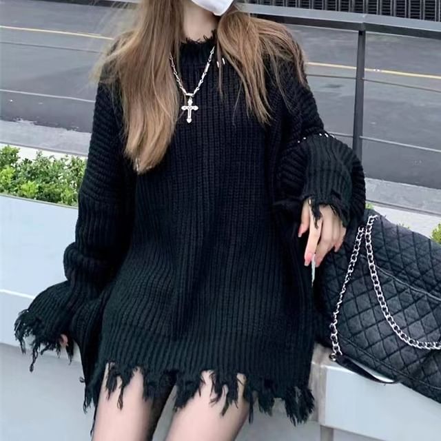 ISSOL-Crew Neck Contrast Stitching Distressed Ribbed Oversized Sweater