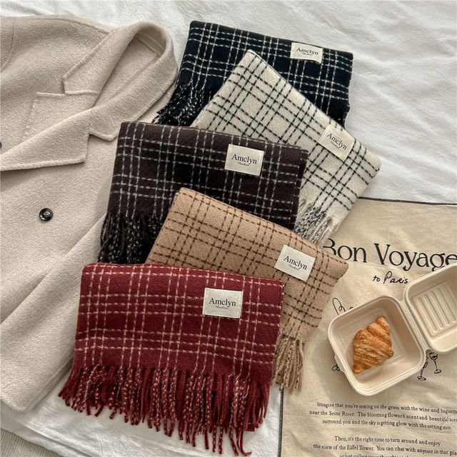 Frior-Plaid Fringe Scarf