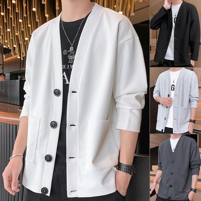 Ninine-V-Neck Plain Button-Up Cardigan