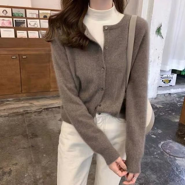 Sisyphi-Crewneck Button-Up Plain Cardigan
