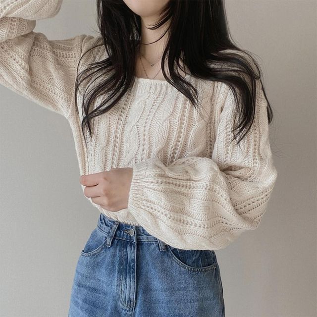 MIKIGA-Square Neck Cable Knit Plain Crop Sweater