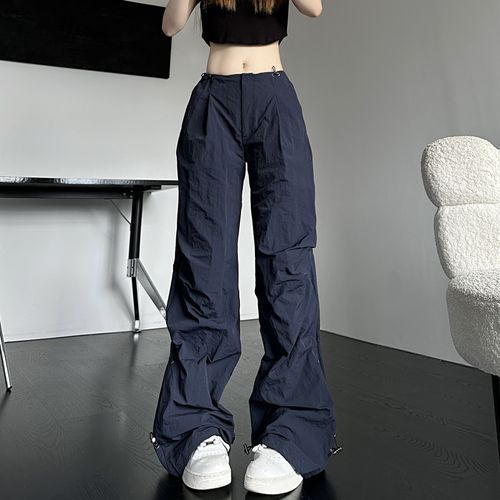 Drawstring Waist Plain Wide Leg Parachute Pants