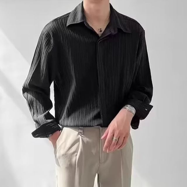 Sinlarity-Long-Sleeve Plain Ribbed Shirt
