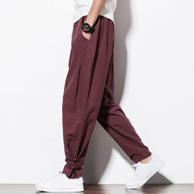 Ninine-Drawstring Waist Plain Linen Harem Pants