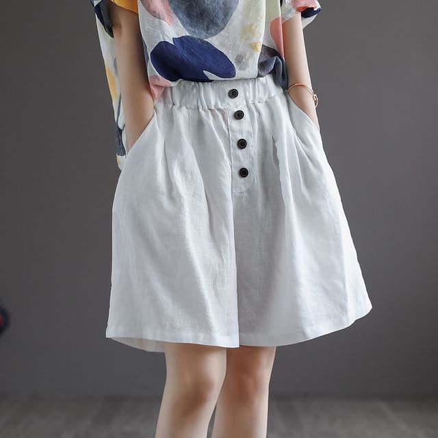 INEN-Elastic Waist Plain Button Fly Shorts