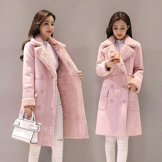 Sienne-Plain Fluffy Midi Double-Breasted Coat